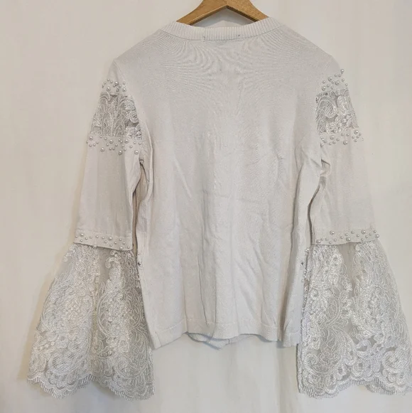 Boston Proper Pearl Embellished Lace Bell Sleeve Ivory Cardigan Sweater Small - Picture 9 of 14
